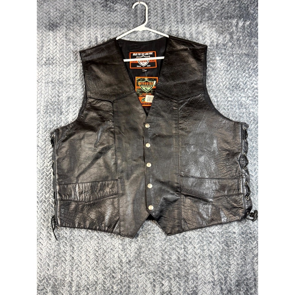 Interstate Leather Motorcycle Vest Men 2XL Black Adjustable Side Lace Snap Front